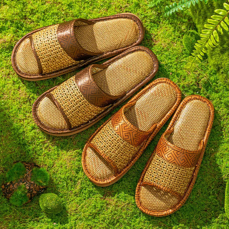 Rattan cool slippers men's home home summer straw thick bottom non-slip wear-resistant indoor soft linen women