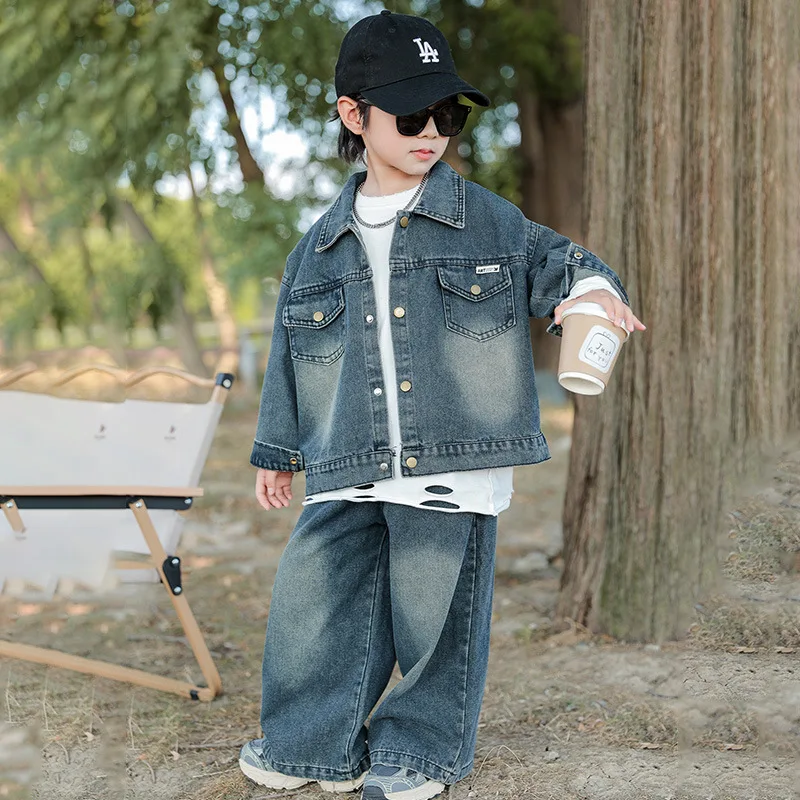 Boys' Cowboy Suit 2025 Spring New Style Children's Handsome and Fashion Long Sleeve Long Pants Kids Two Piece Set