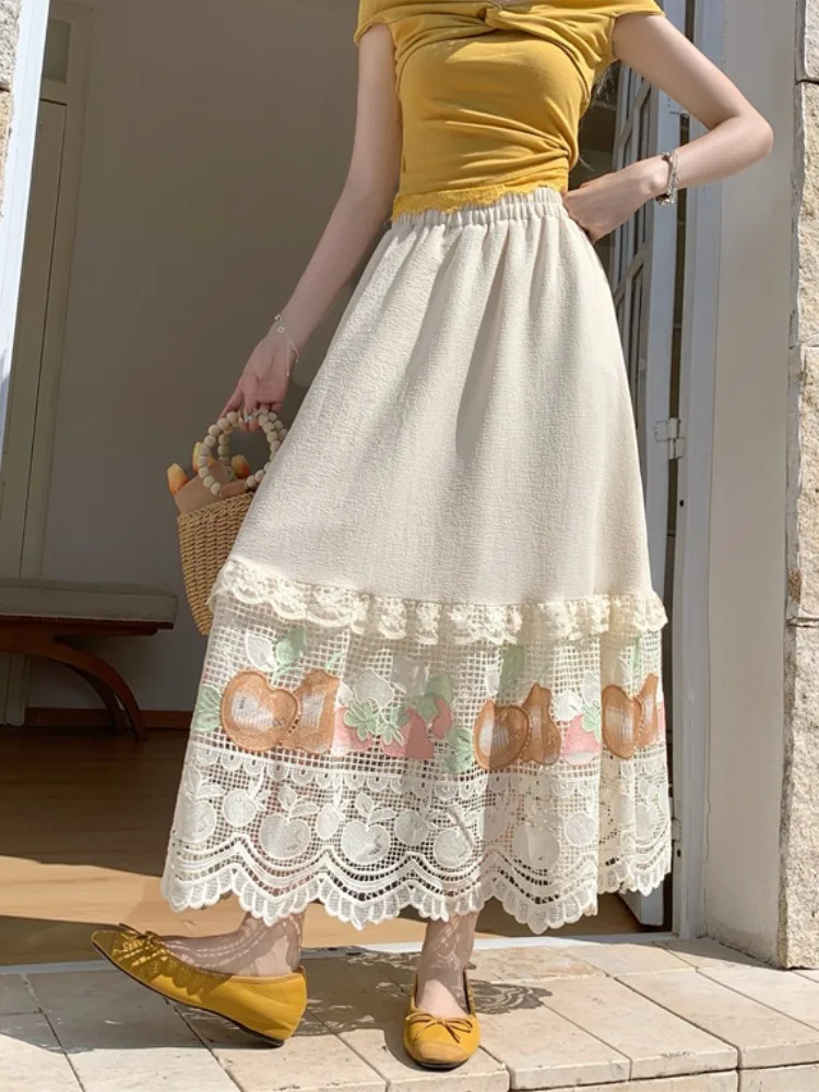 

Elegant Embroidered Lace Patchwork Heavy Embroidery Midi Skirt Women's Summer New Style High Waist A-Line Hollow out Bells