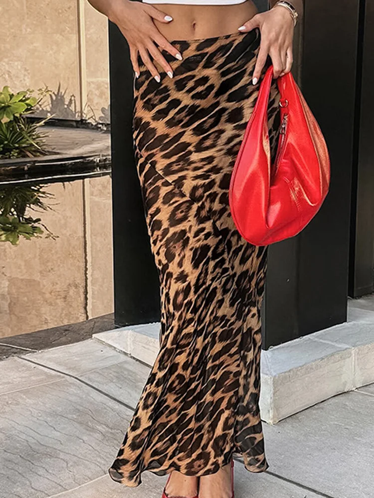 Sexy Leopard Print Chiffon Mermaid Skirts Womens 2026 Fashion Summer Lightweight High Waisted Zipper Long Trumpet Skirt Female