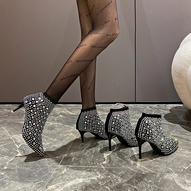2023 Women Sandals Full Rhinestone Mesh Summer Boots Women Zapatos Transparentes De Mujer Size 43 Goth High Heels Cowboy Boots