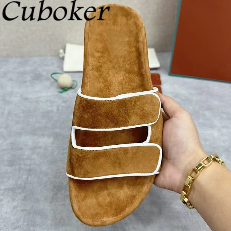 

2024 Summer Suede Leather Flat Slippers For Men Designer Peep Toe Platform Mules Male Casual Vacation Beach Slides Shoes Hombres