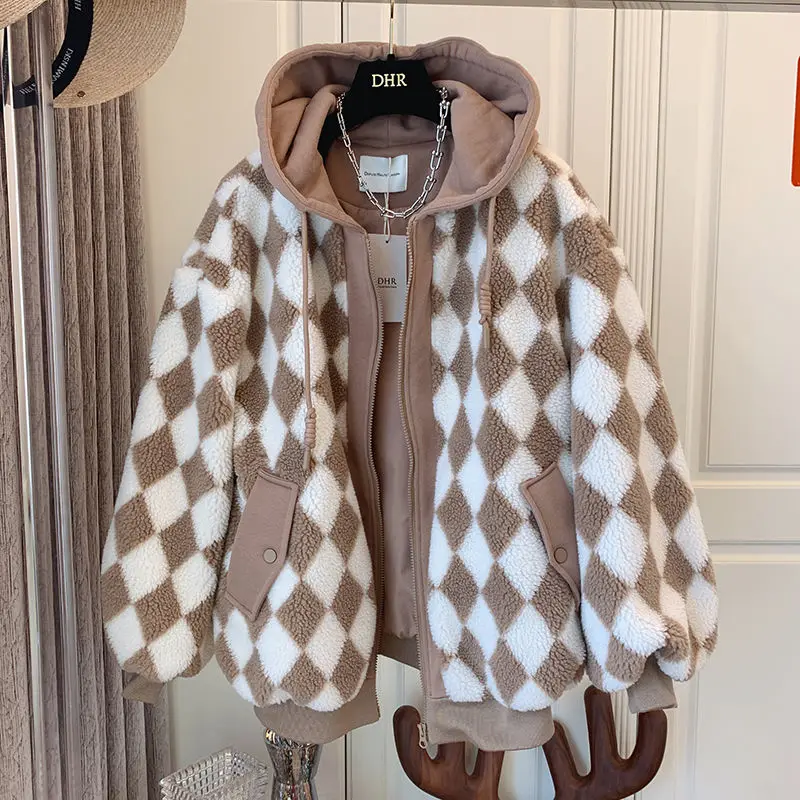 Women Retro Checkerboard Lambswool Hooded Teddy Coat Fake 2pcs Plaids Velvet Hoodies Jacket Sweatshirts Cardigan Streetwear Tops