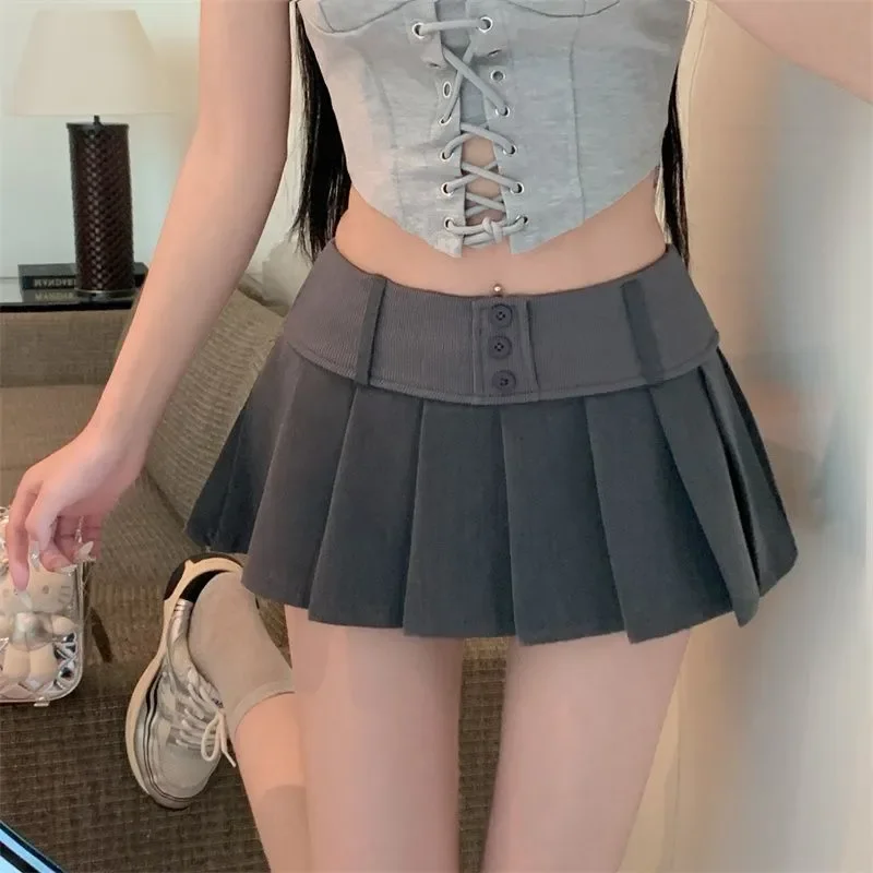 Korean Hotsweet Pleated A-line Short Skirts Summer New High Waist Female Clothing Solid Color Stylish Spliced Button Mini Skirts