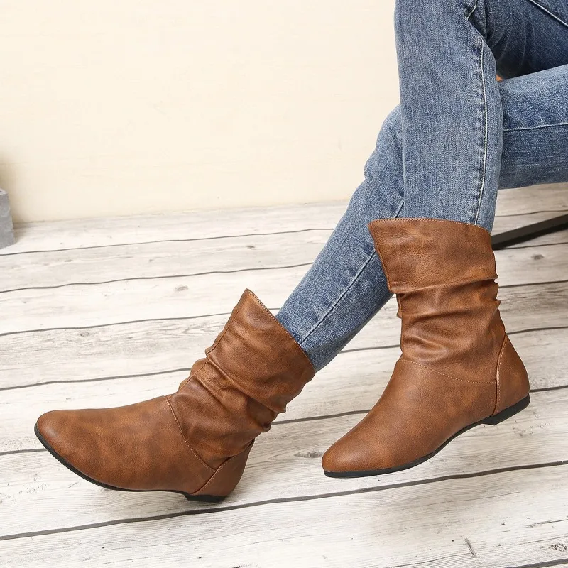 Shoes for Women 2023 Hot Sale Mid-Calf Women's Boots Slip-on Modern Boots Women Pleated Sewing Round Toe Flat with Shoes Ladies