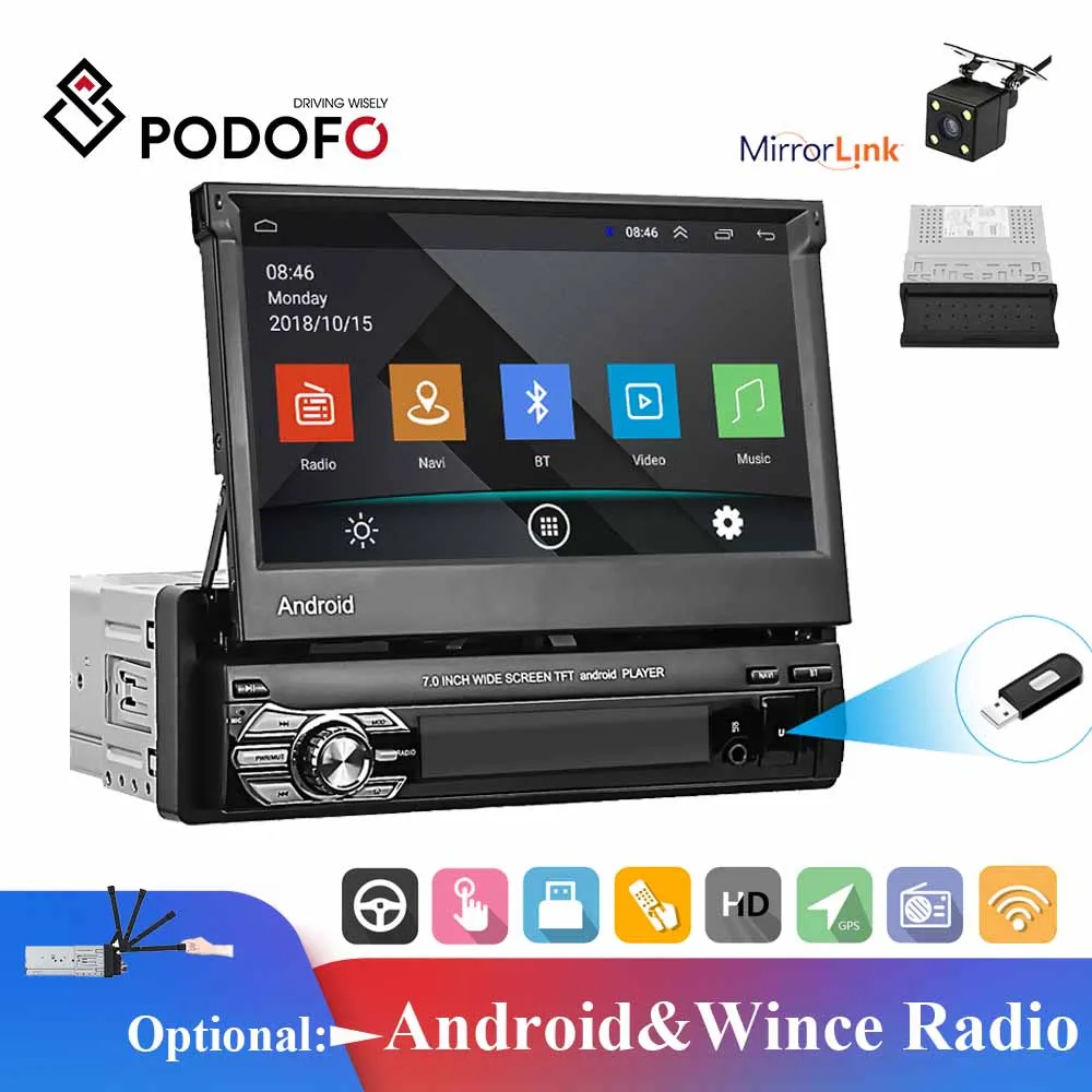 

Podofo Car Radio GPS 1Din Android &Wince Stereo Receiver Multimedia Player 7Inch Retractable Screen For VW Nissan Hyundai Kia