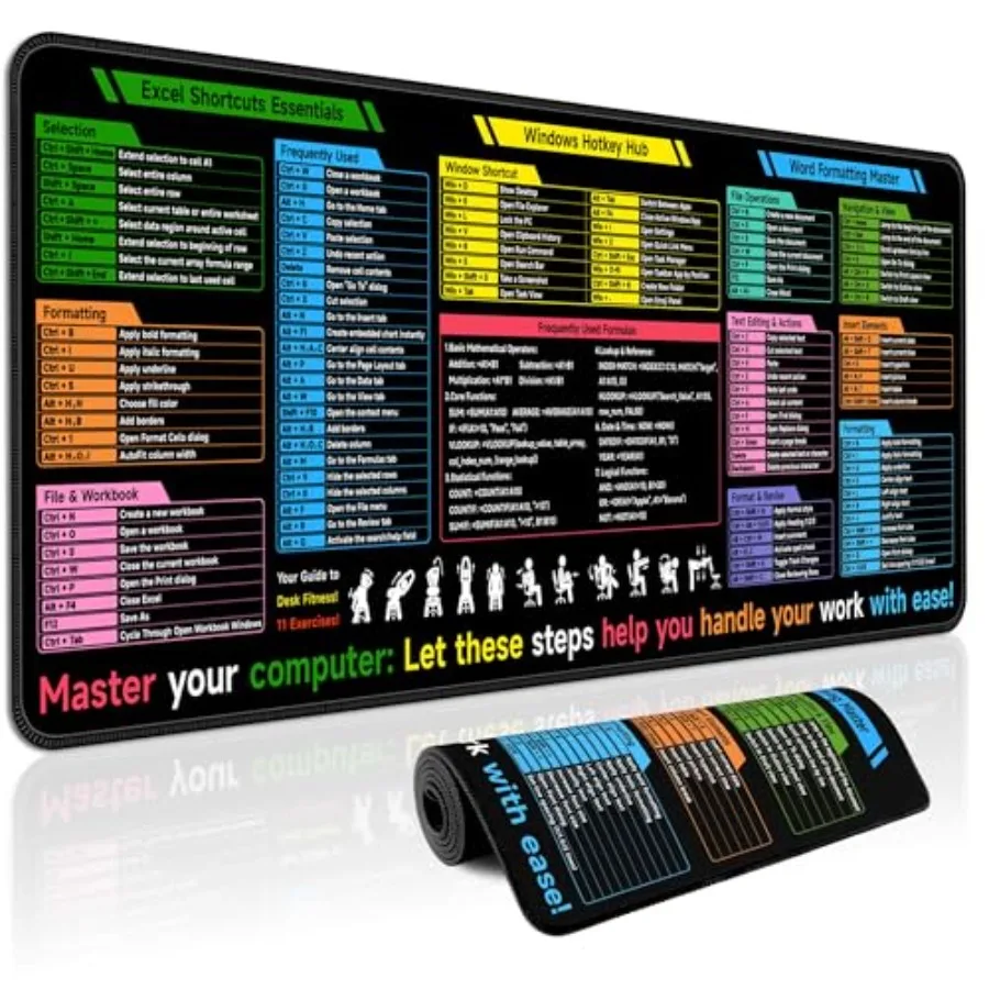 لوحة ماوس مع اختصارات Excel Word Windows، لوحة مكتب Excel Cheat Sheet، لوحة ماوس كبيرة، ملحقات مكتب الألعاب للمكتب