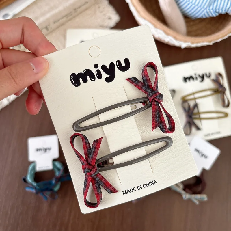 Hair Clips Hair Ties Girls Plaid Bow Pea Clip Morandi Cloth Small High Stretch Hair Friendly Early Fall Party Lightweight