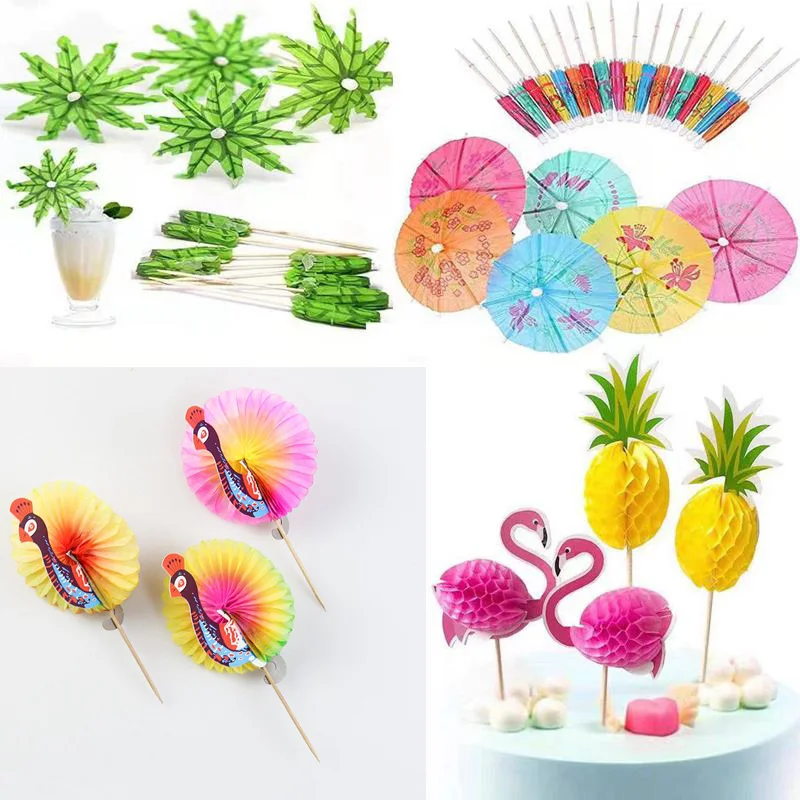 Flamingo Pineapple Umbrella Fruit Sticks Hawaii Party Luau Flamingos Birthday Party Supplies Tropical Summer Wedding Decorations