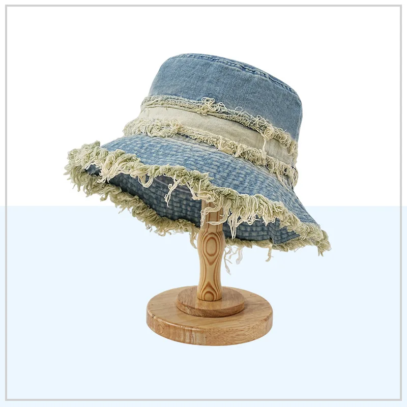 Denim Bucket Hat Fake Old Washed Retro Summer Trend Outdoor Sun Cap Breathable Elastane Material, Strong Cleaning