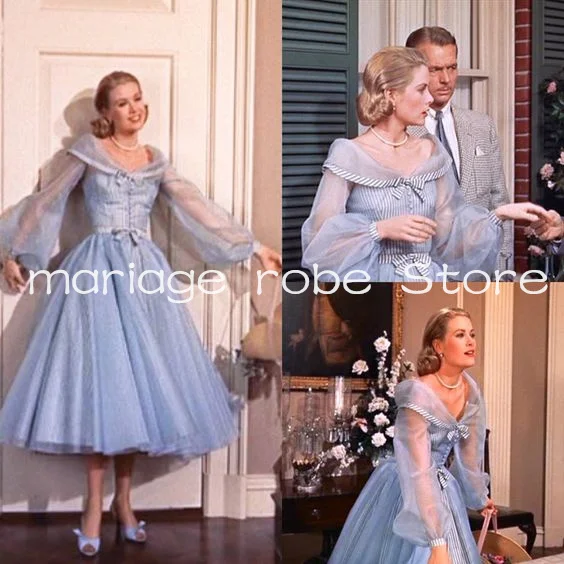 

Vintage Fashion Tea-length Prom Dresses Gracekelly Sky Blue Long Sleeve Tutu Skirt Corset Evening Occasion Gown Customsize