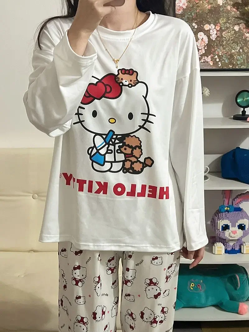 

Пижамный комплект Hello Kitty с длинными рукавами, всесезонная удобная одежда для дома, домашняя мягкая одежда для сна, женская одежда