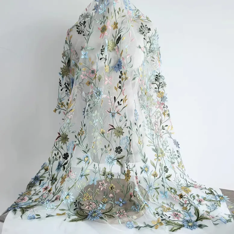 

1yard New soft mesh matirial fabric for dress 3D flower and leaf embroidery telas Wedding Dress cheongsam fabric