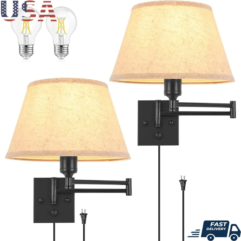 

Dimmable Wall Sconce Set of 2 Adjustable Swing Arm Lighting Plug in Cord with On Off Dimmer Rotary Switch Bulbs Included