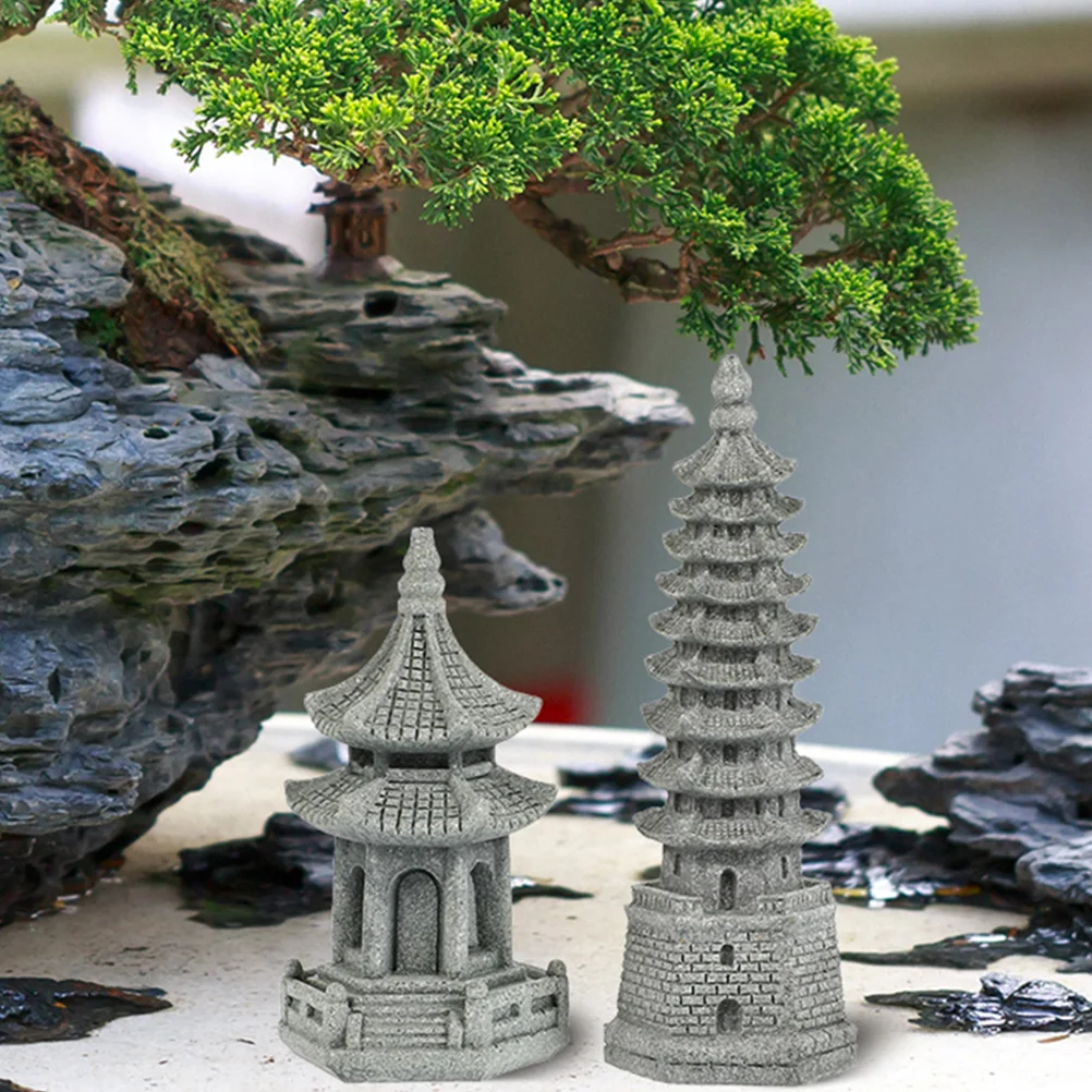 

2 Pcs Mini Pagoda Statue Decor Simulation Tower Sculpture Pavilion Model Bonsai Garden naments Home Decor Lightweight Durable
