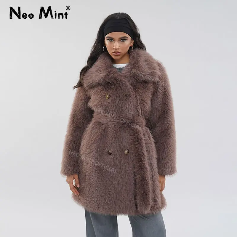 Neo Mint marchio di lusso con cintura lungo soffice cappotto di pelliccia sintetica donna 2024 inverno addensare caldo risvolto collo di pelliccia