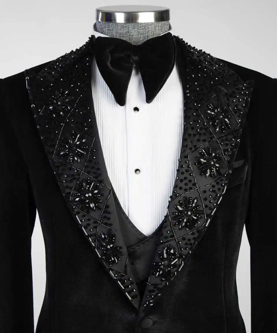 Luxo frisado masculino ternos do noivo 3 peças de veludo um botão blazer smoking casamento personalizado formal ternos festa baile