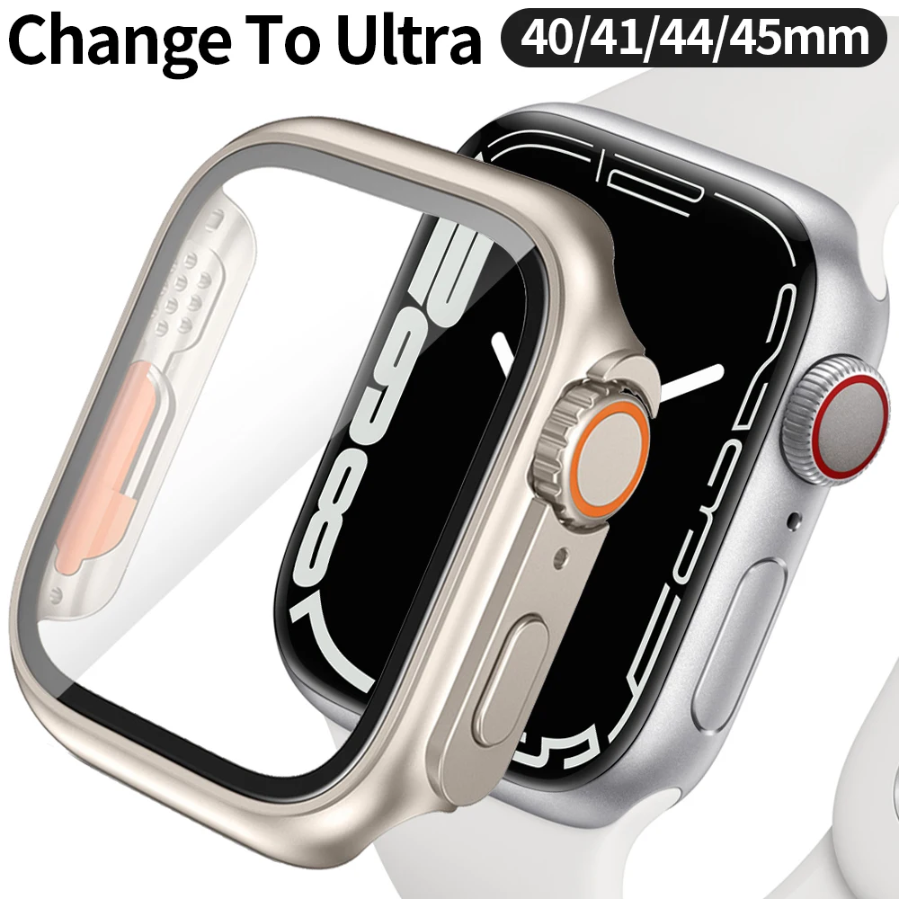 Change to Ultra For Apple Watch Case Series 8 7 45mm 41mm Screen Protector PC Cover For iWatch 4 5 6 SE 44mm 40mm Tempered Glass