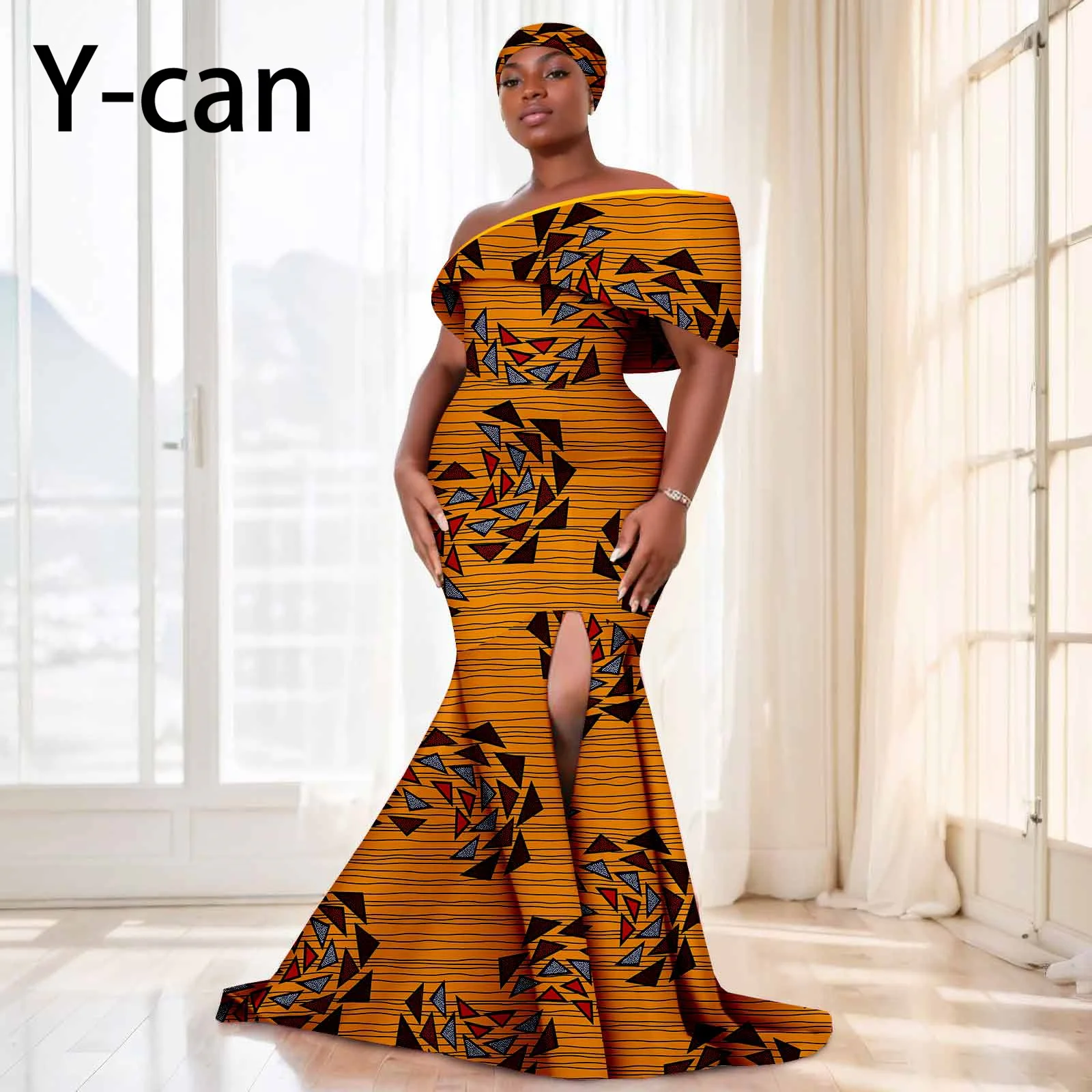 African Dresses for Women Festival Party Dashiki Ankara Print Off Shoulder Dress with Headwrap Wedding Bridal Dress 2425159