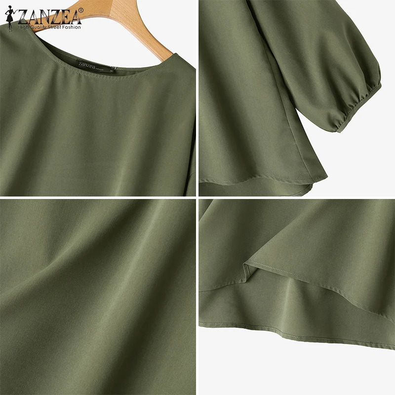 ZANZEA Plus Size Woman Casual Blouses Lantern Sleeves Round Neck Solid Color High-Low Tops Spring Minimalist Blusas de Mujer 5XL - view 5