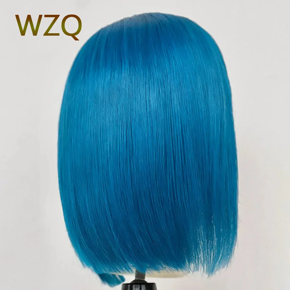 Perucas de cabelo humano azul Bob, peruca dianteira do laço HD curto reto, cabelo remy pré arrancado, transparente, 180% densidade, 13x4 laço frontal perucas