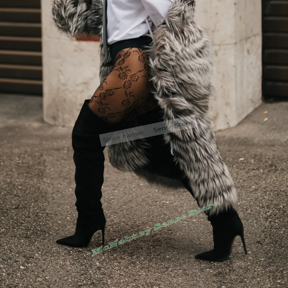 

Замшевые тонкие сапоги с острым носком на шпильке, однотонные сапоги выше колена, женская сексуальная зимняя обувь, дизайнерские слипоны для вечеринки