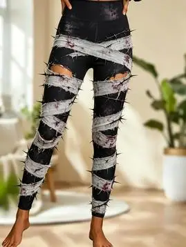Women Mid‑Rise Fleece Lined Leggings Halloween Mummy Bandage Print Slim Stretch Thermal Pants - view 4