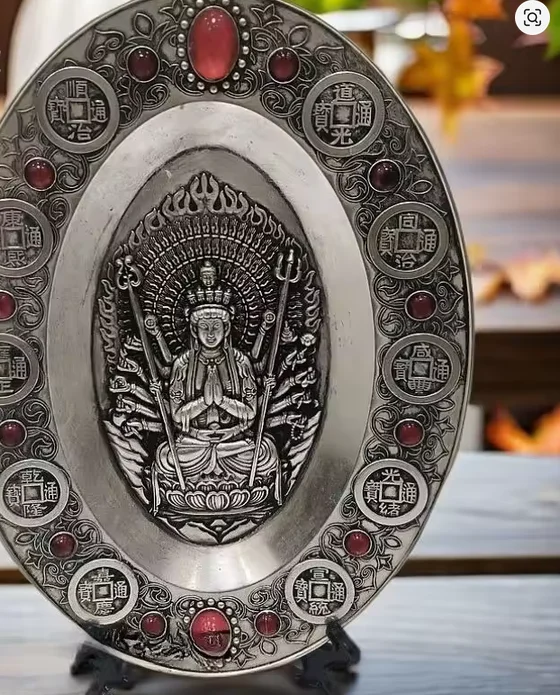 Thousand-Armed Guanyin Buddha Statue Plate Inlaid Gem Tibetan Alloy Treasure Plate Altars Stupa,Buddhist Religious Decorative