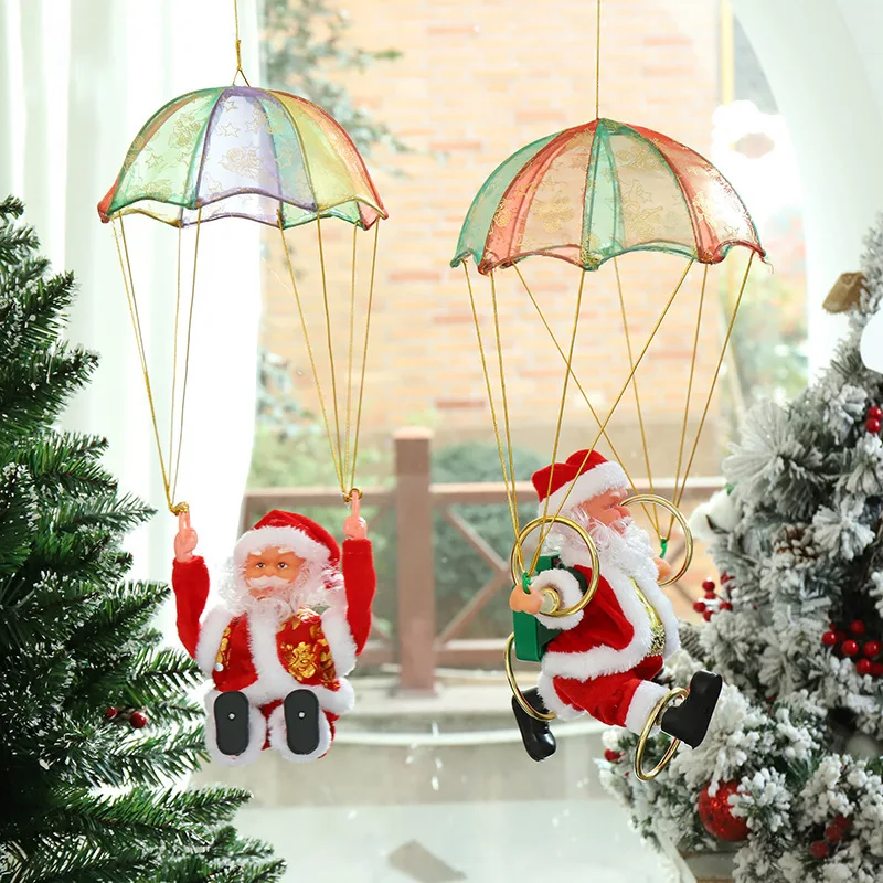 Electric Dancing Santa Claus Christmas Tree Decor Hanging Parachute Somersault Ornament With Music Holiday Gift Home Party Decor