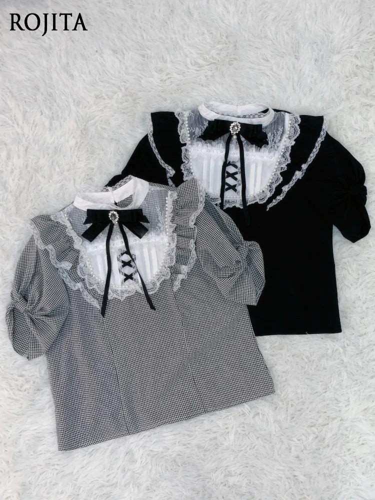Japanese Style Gothic Top Sweet Lolita Blouse with Lace Trim Lace Japanese Short Sleeve Pearl Shirts for Women
