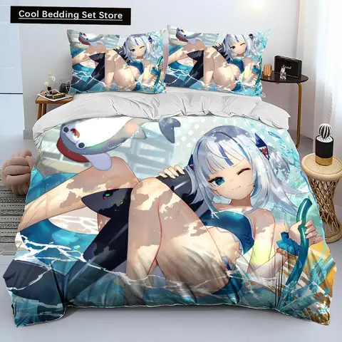 Cute Gawr Gura Hololive Anime Shark Comforter Bedding Set,Duvet Cover Bed Set Quilt Cover Pillowcase,king Queen Size Bedding Set
