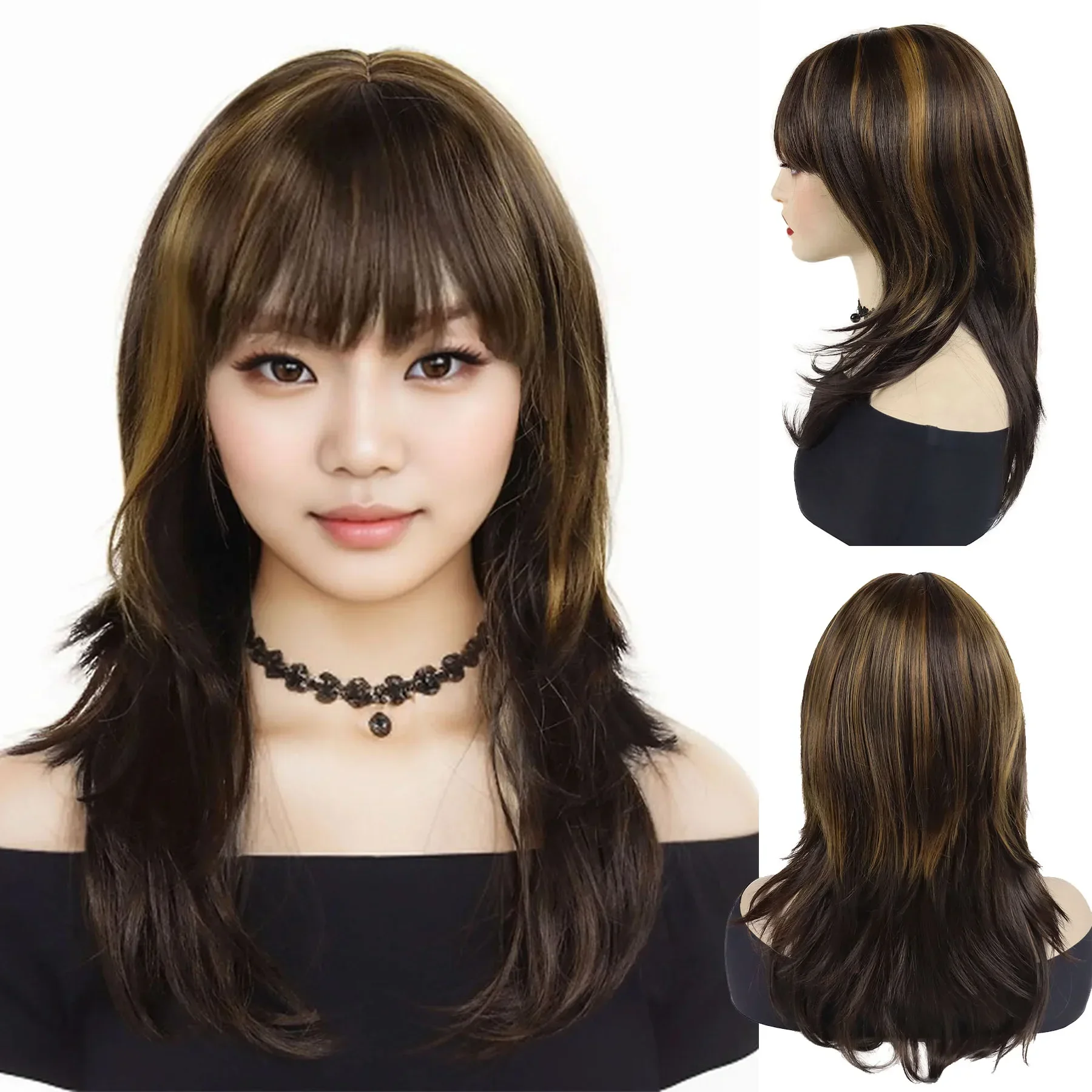 

Blonde Mix Brown Synthetic Wigs for Women Girls Highlighted 20 Inch Long Straight Wig with Bangs Daily Costume Heat Resistant