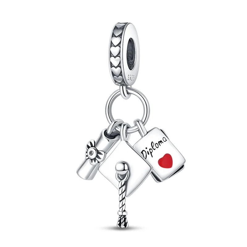 S925 Silver Color Graduation Certificate Bachelor's Hat Graduation Series Charms Beads Fit Pan Original Bracelets DIY Jewelry image 3