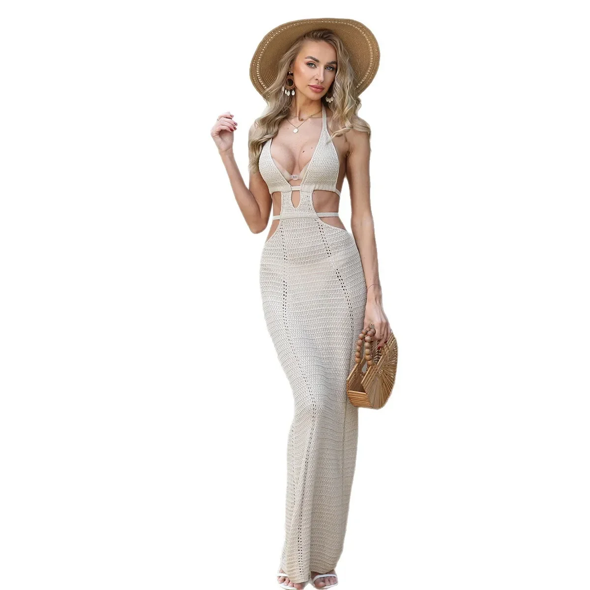 レディースサマービーチマキシドレス、レースアップビキニカバーアップ水着、タイアップソリッドカラーオープンワークデザイン、女性用水着