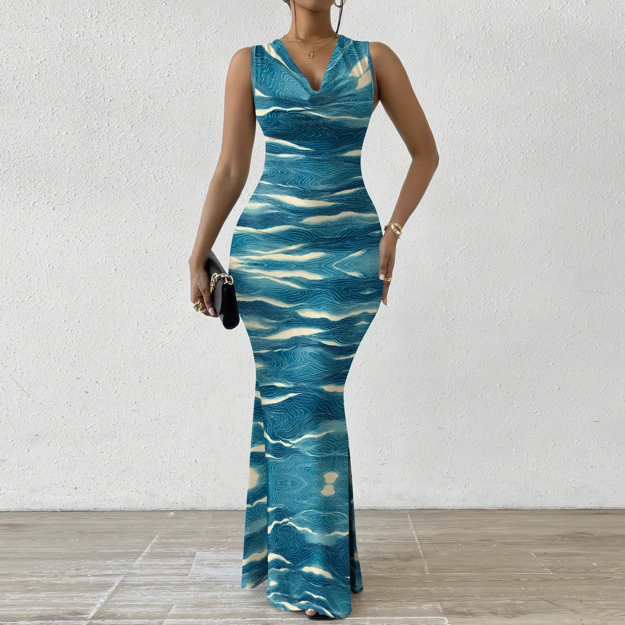 

Blue Wave Cloud Print Maxi Dress XS‑2XL Sleeveless V‑Neck Mermaid Style for Summer Dinner, Beach Vacation or Art Gallery Look