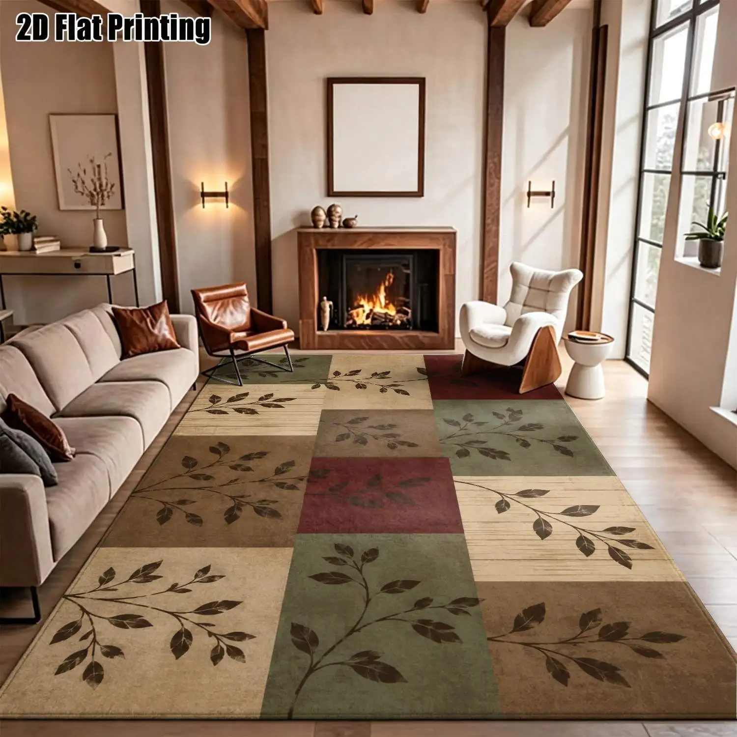1Pc 2D Printed Carpet: Retro Brown-Red Leaf & Branch Pattern, Retro Style for European Decor, Geometric Patchwork, Simple Design Ideal Home Decor, Multiple Sizes, Machine Washable, Suitable for Entryway, Dining Room, Foyer, Living Room, Bedroom.