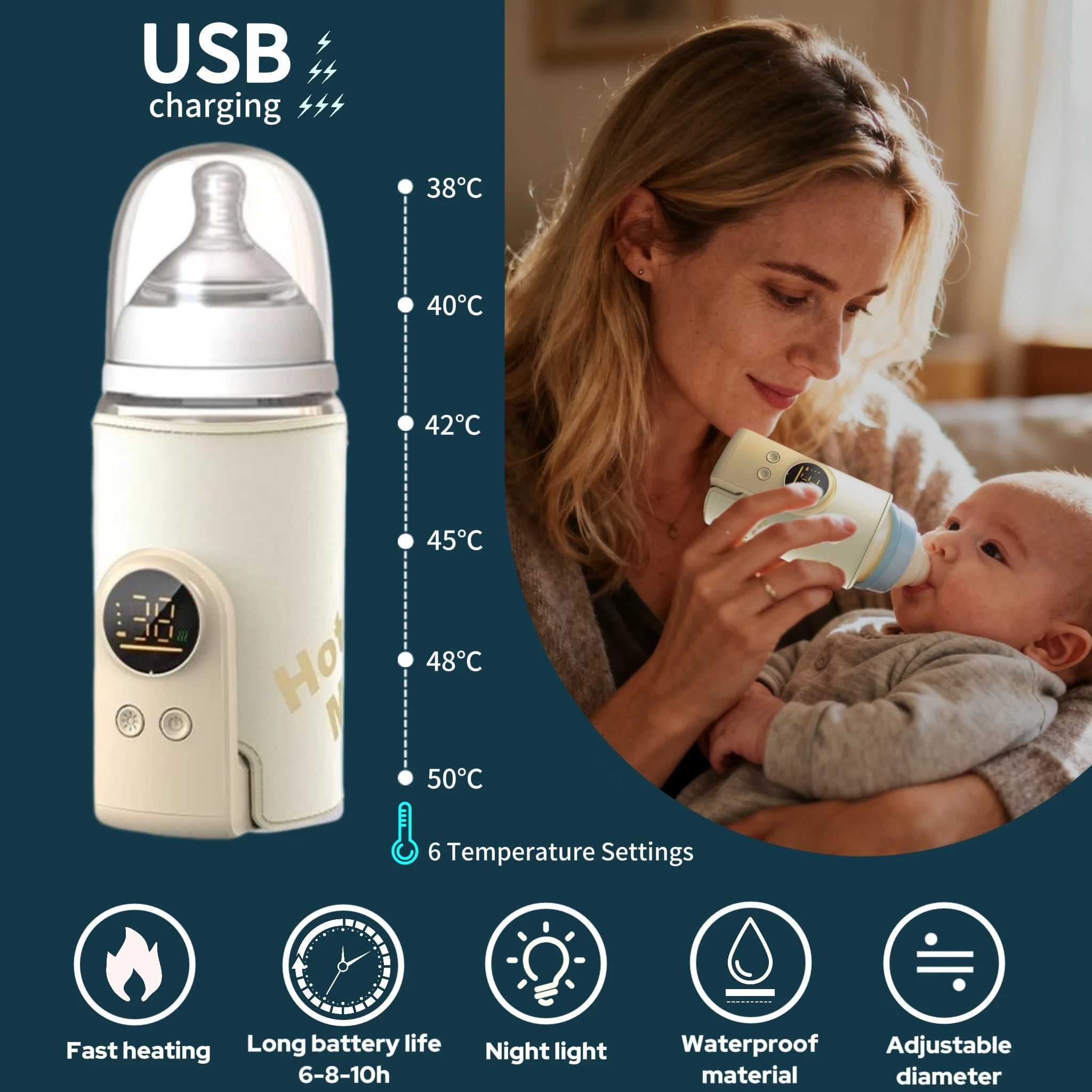 10000mAh Portable Baby Bottle Warmer Rechargeable Newborn Feeding Bottle Heater Smart Constant Temperature 10hrs Fast Heating