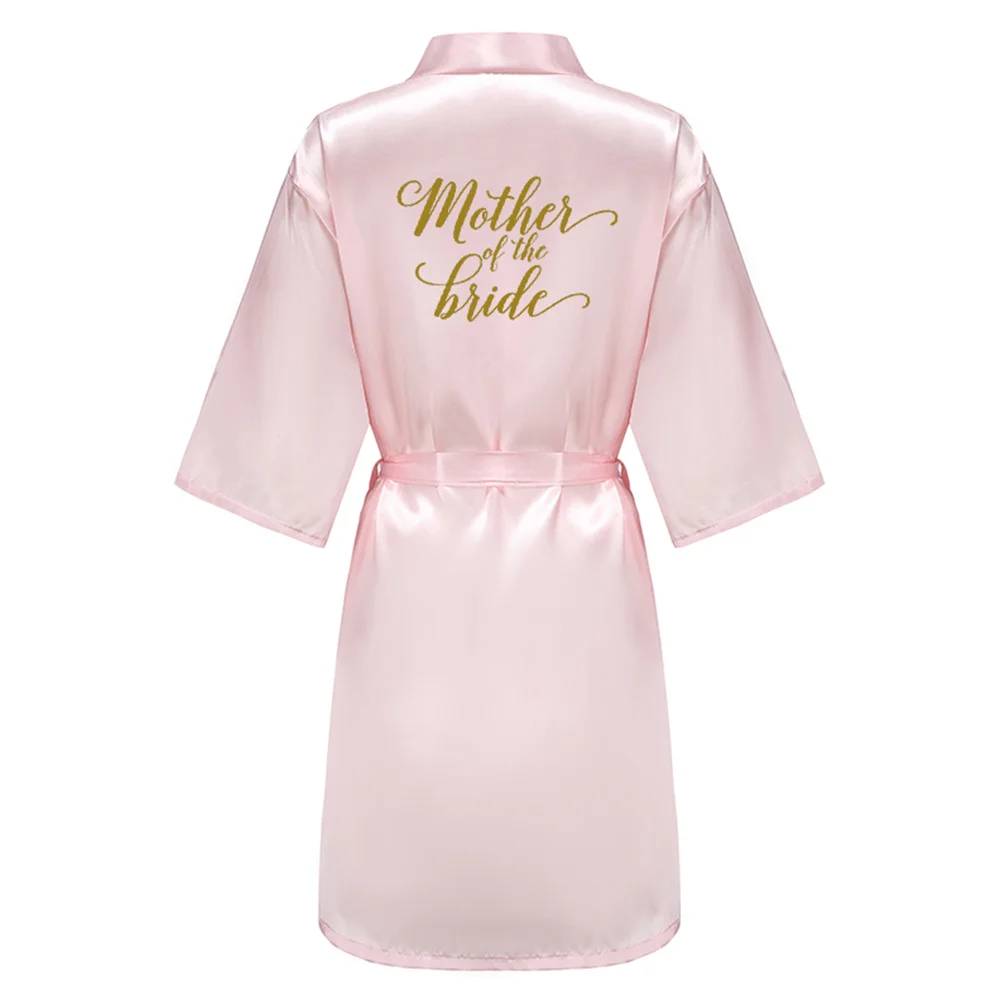 Wedding Party Bridesmaid Maid of Honor Robe With Gold Writing Letter Women Lady Pink Satin Bathrobe Kimono