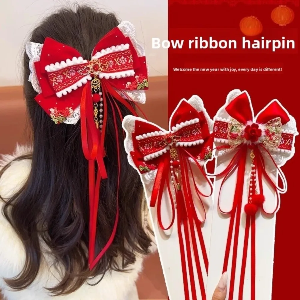 

Holiday Red Bow Ribbon Hair Clip Flower Tassel New Year Hairpin Pompom Princess Hanfu Hair Ornamen Festival