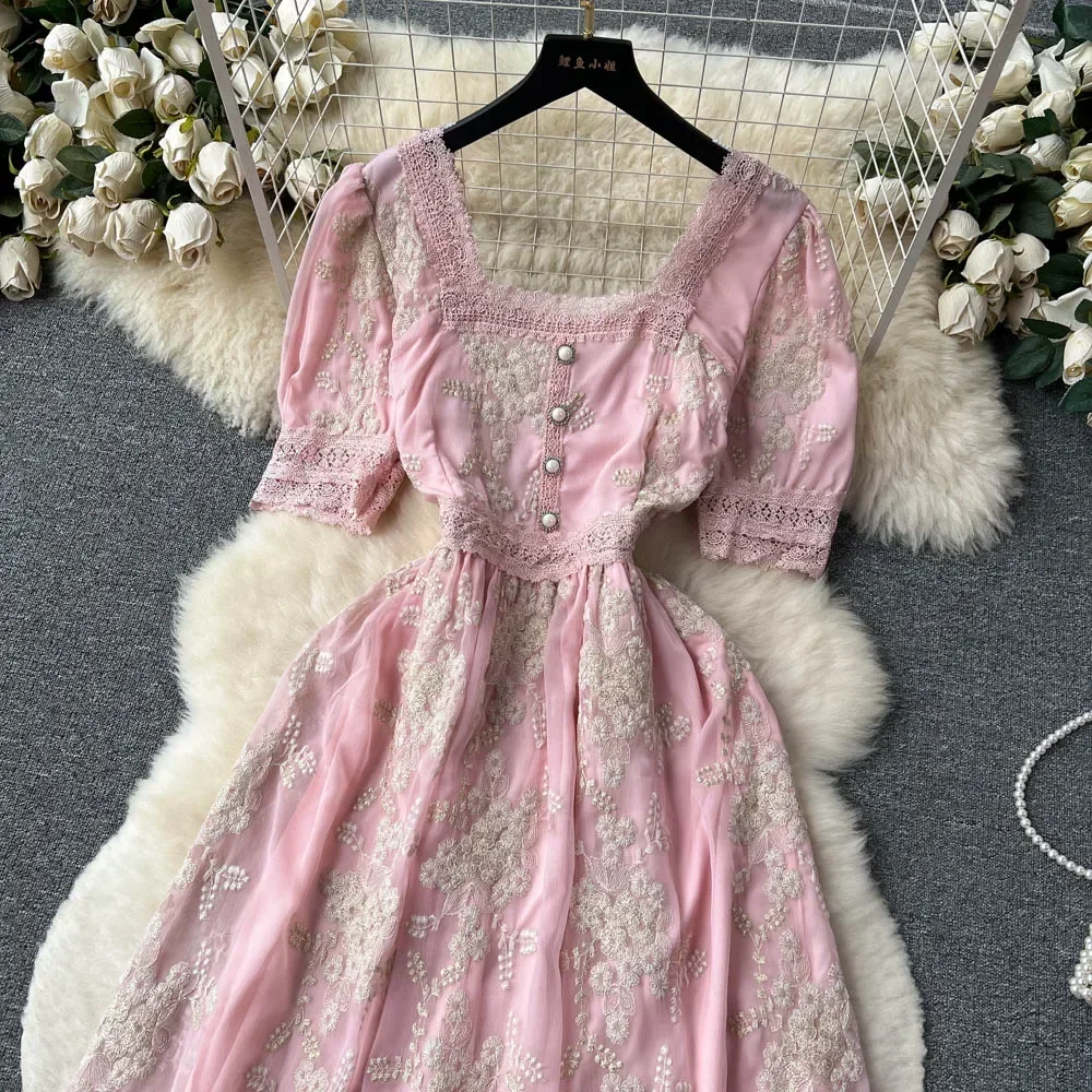 Ofallsis French Vintage Style Pink Lace Dress 2024 Summer Lace Embroidery Square Neck Waist Slim Sweet Court Princess Dresses