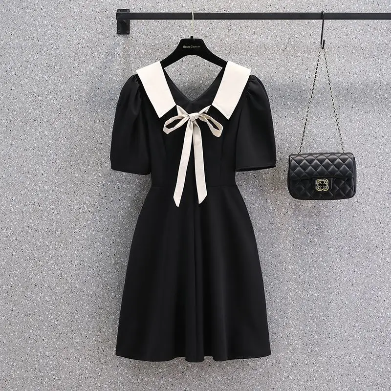 2024 Summer New Large Doll Neck Off Shoulder Bow Tie Up Dress Hepburn Style Little Black Dress