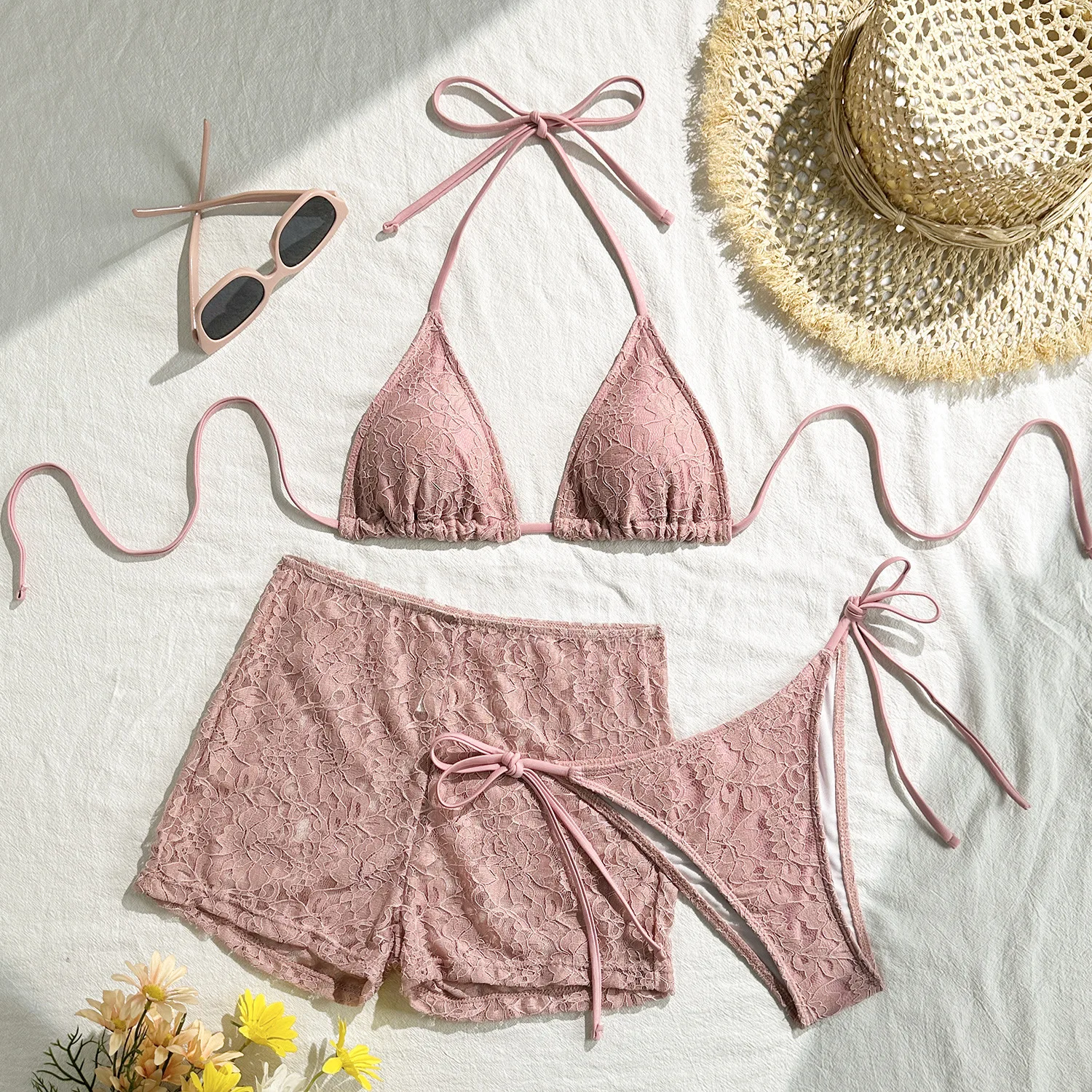 مثير الرسن التعادل البيكينيات مجموعات ثلاث قطع مع منظور الدانتيل السراويل المايوه بحر المايوه ملابس السباحة biquini Tankini