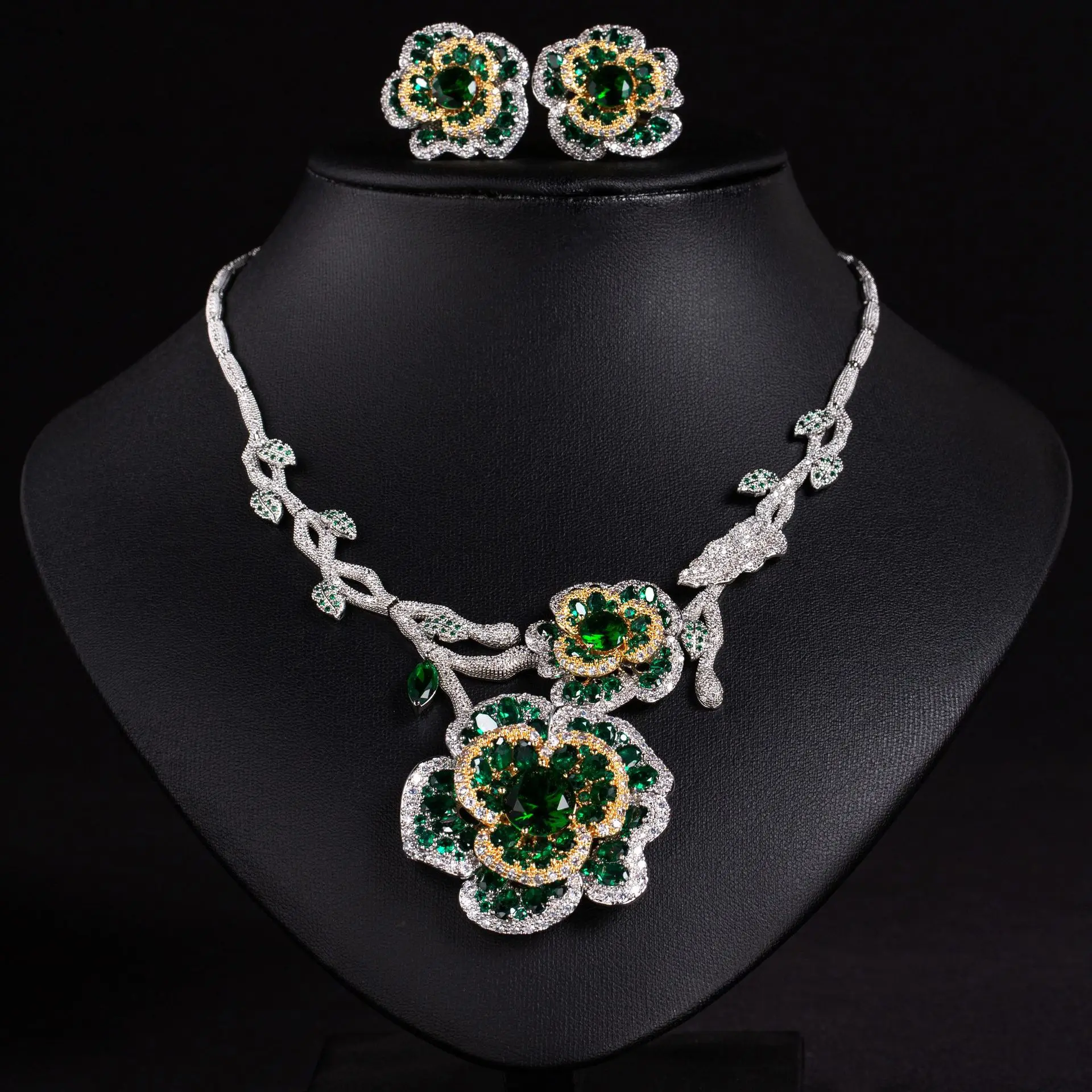 

Floral Vine Zircon Necklace & Earrings Set Bridal Ethnic Flower Jewelry Women's Versatile Gift