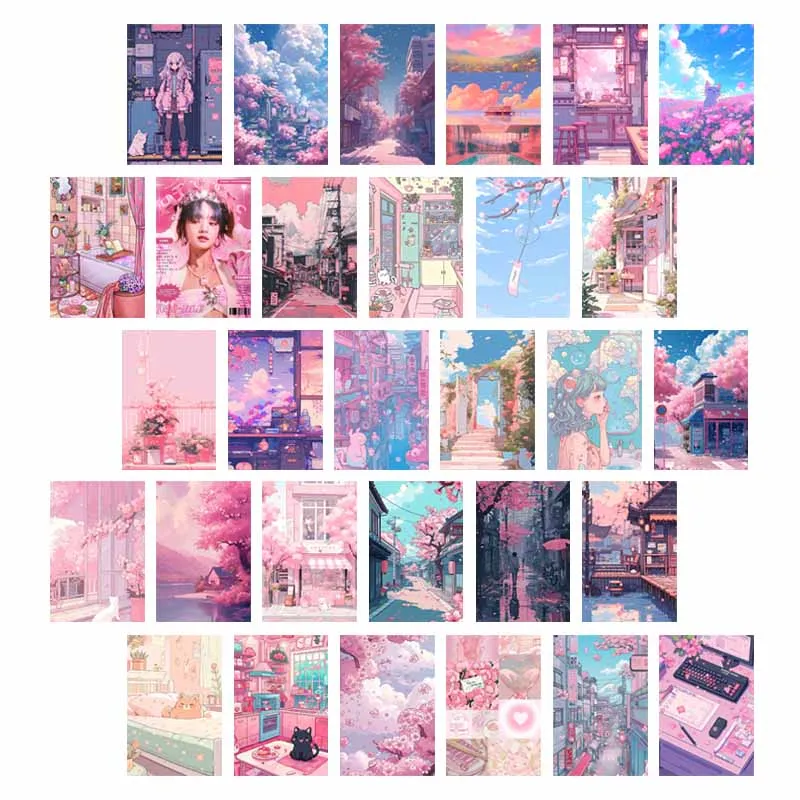 10/30pcs 4x6\'\' Pink Lofi Wall Collage Kit Cartoon Style Poster Cards Teen Girls Y2K Room Decoration Painting Bedroom Dorm Decor