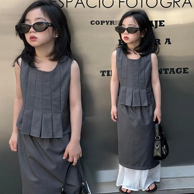 

Suit for Girls Summer Grey Simple Splicing Design Sleeveless Tops Skirt 2-piece Children Clothing Set Elegance Party Costume 8 Y