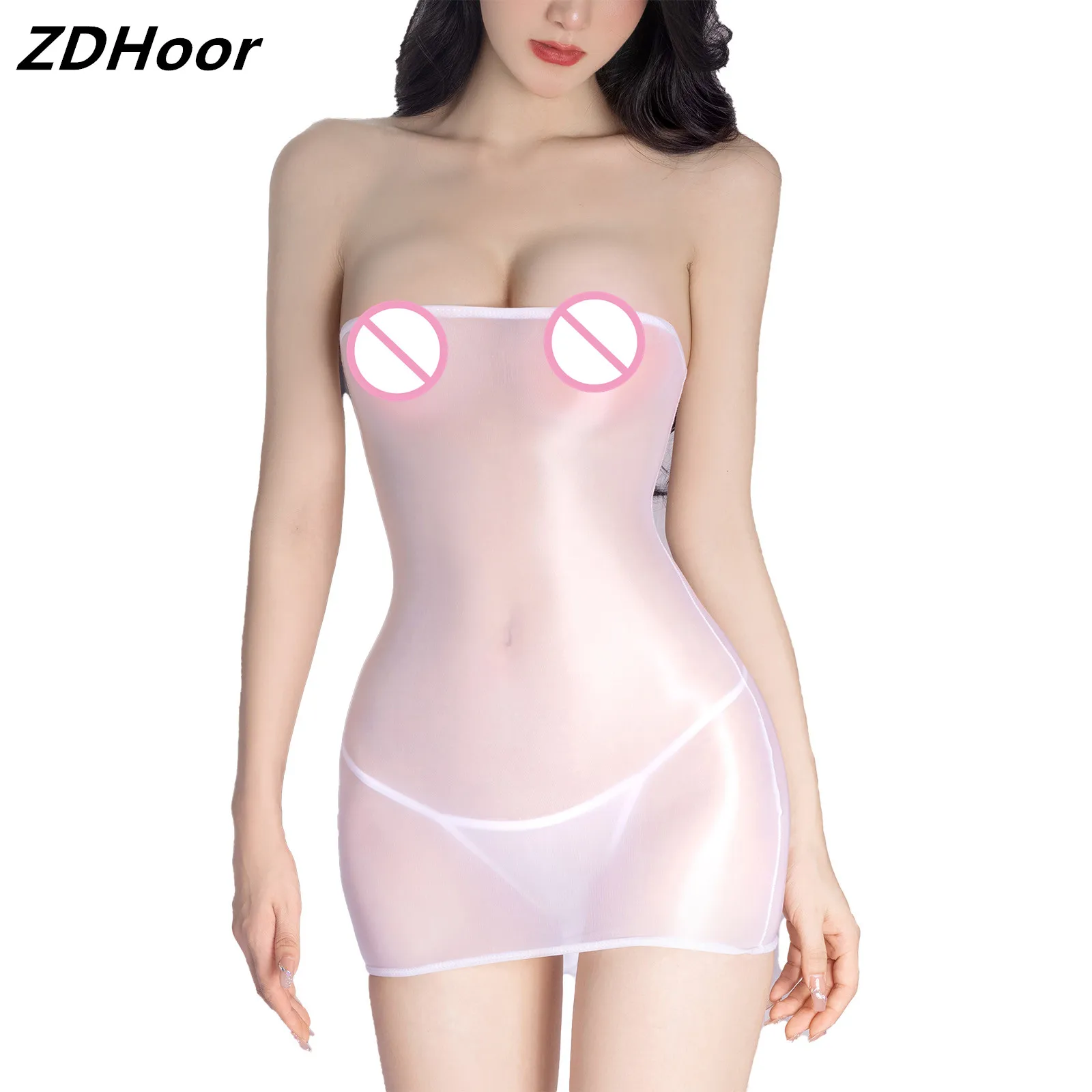 

Womens See-Through Strapless Dress Glossy Stretchy Lightweight Mini Bodycon Dresses with Low Rise G-string