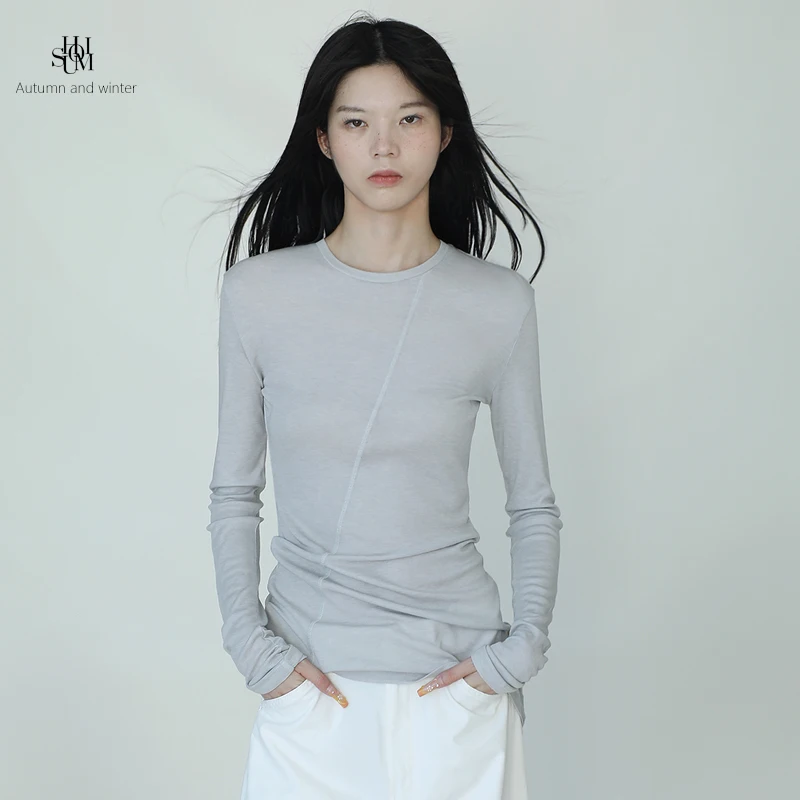 

Облегающий длинный трикотажный топ из смесовой шерсти и лиоцелла с высокой эластичностью, асимметричный, с круглым вырезом, сексуальный