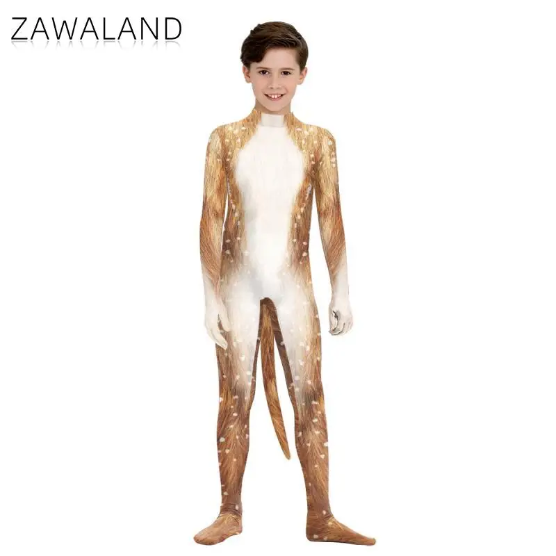 Zawaland Children Disguise Animal Deer with Tail Bodysuit Boys Girls Halloween Holiday Cosplay Costume Catsuit Zentai Clothes