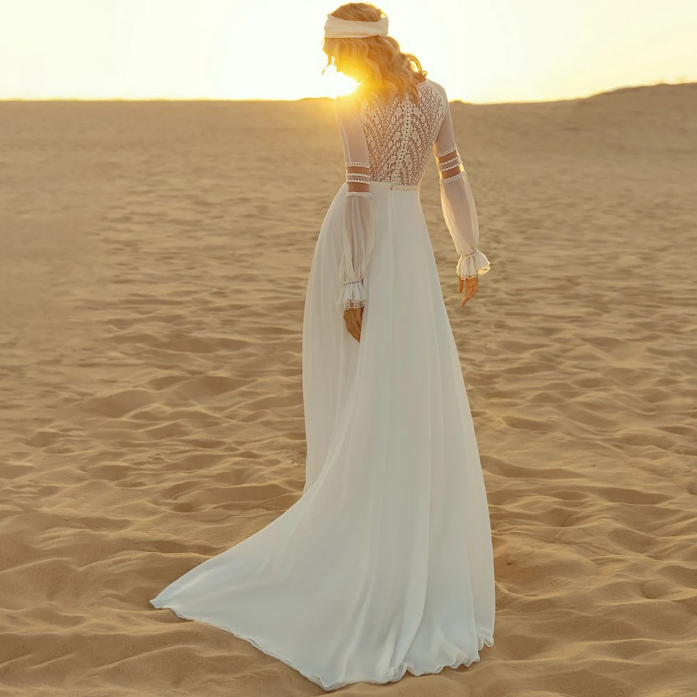 Vestido De novia De manga larga con espalda baja, traje De novia con apliques De encaje De tul bohemio