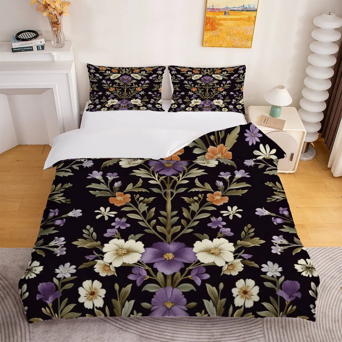 Purple    Down comforter set, extra large size  White flower  Modern trend of printed bedding